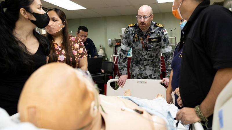 Royal Australian Navy Nursing Officer Lieutenant Commander Anthony Russell delivers a critical care training package to local healthcare workers on United States Hospital Ship USNS Mercy, Palawan, Philippines as part of Pacific Partnership 2022.