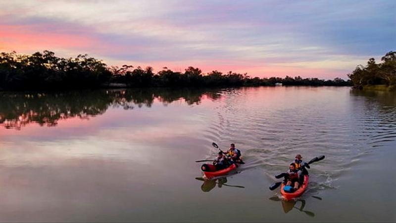Two kayaks carrying people paddle down a river.