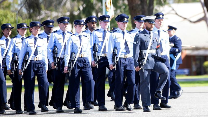 Military Skills Instructor, Royal Air Force Corporal Isireli Stevens, marches with recruits of course 3 for 2026 at No 1 Recruit Training Unit at RAAF Base Wagga on 1 April 2026.