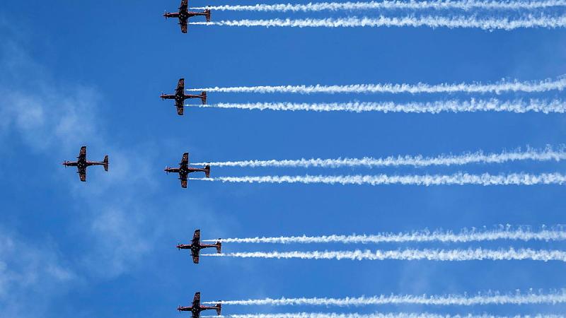 The Royal Australian Air Force Roulettes perform a flying display at the Canberra Airport Open Day 2026.