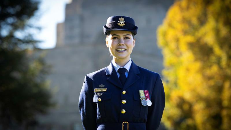 A woman dressed in formal Air Force uniform.