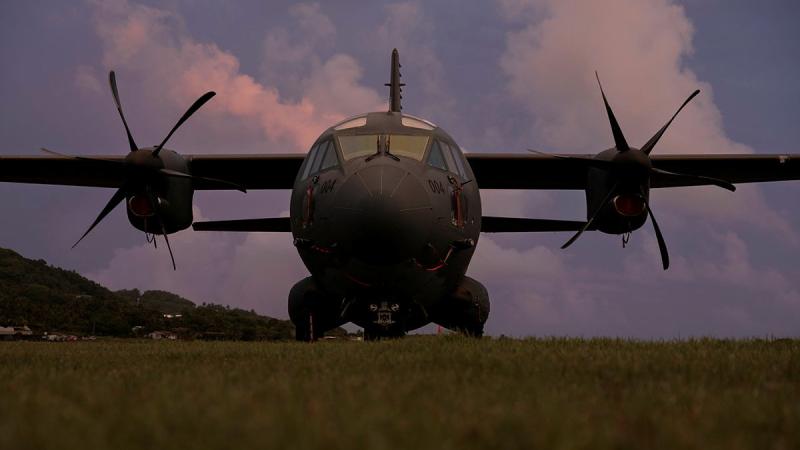 An aircraft stationed on grass at dusk.