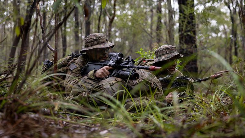Two soldiers lay on their bellies with guns in hand in the bush.
