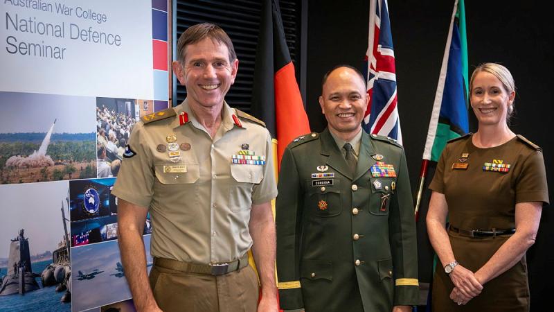 (l-r) Commander Australian Defence College, Major General Martin White, CSC Major General Rommel Cordova, Deputy Chief of Staff Plans, Philippines Armed Forces and Commandant Australian War College, Brigadier Lara Troy, CSC at the National Defence Seminar on May 21 at the Australian Defence College in Weston Creek, Canberra.