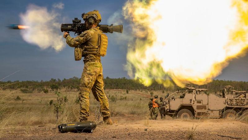 Private Malakai Williams from Direct Fire Support Weapons Platoon, 5th/7th Battalion, Royal Australian Regiment, fires a Carl-Gustaf 84mm recoilless rifle near a Supacat Vehicle during Exercise Predator’s Walk at Mount Bundey Training Area, Northern Territory, 29 May 2026.