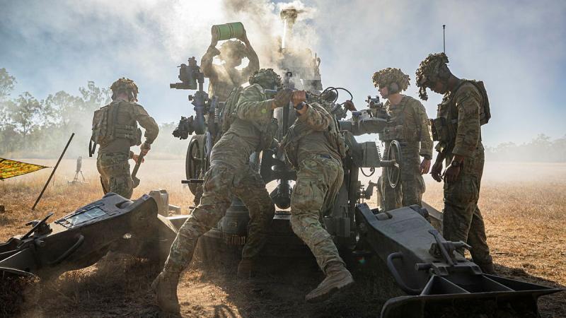 Australian Army soldiers from the 1st Regiment operate an M777A2 155mm howitzer during a live-fire mission during Exercise Diamond Dagger 2026 at Shoalwater Bay Training Area, Queensland.