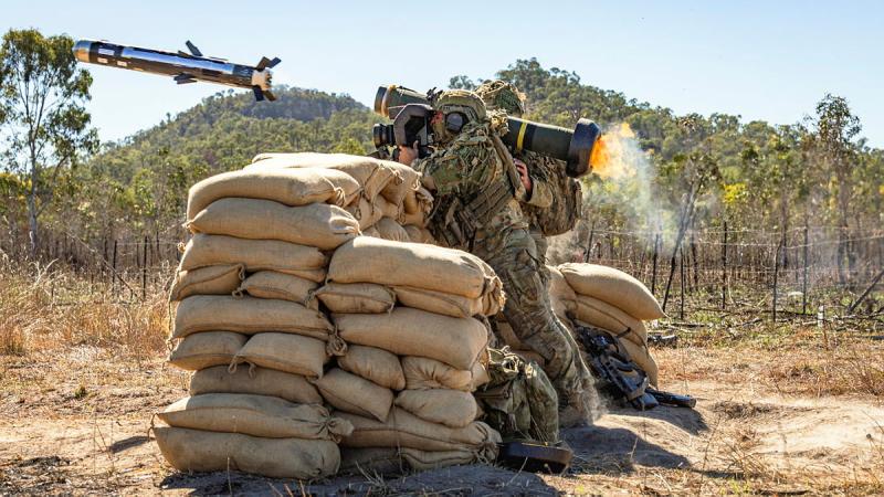 Australian Army soldiers from 6th Battalion, Royal Australian Regiment fire an FGM-148 Javelin anti-armour missile system during a live-fire activity in support of Republic of Fiji Military Forces training during Exercise Diamond Dagger 2026 at Shoalwater Bay Training Area, Queensland.