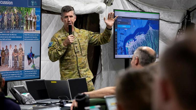 Pacific Response Group Commander, Australian Army Lieutenant Colonel Scott Hill gives a briefing about the Pacific Response Group at camp quartier BROCHE as part of Exercise MARARA 26 in Tahiti, French Polynesia.