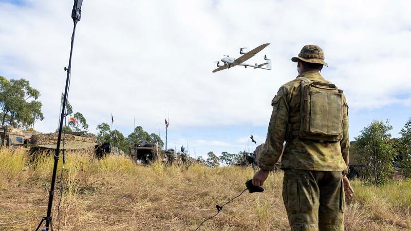 Australian Army soldier Corporal Harrison Hinson from the 2nd Cavalry Regiment, lands the Quantum Vector Drone during Exercise Southern Jackaroo at Townsville Field Training Area, Queensland.