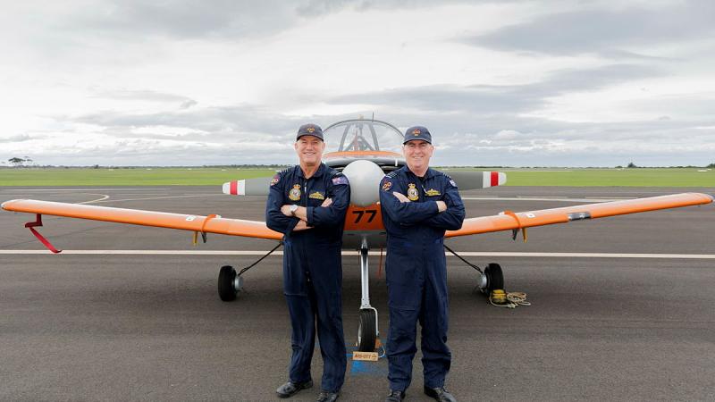 No. 100 Squadron Commanding Officer Richard Brougham (left) and Wing Commander David Chapplin farewell the CT-4A at RAAF Base Point Cook, Victoria.