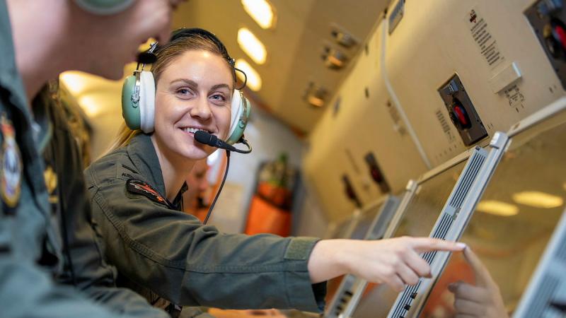 Members of No 2 Squadron from RAAF Base Williamtown coordinate air operations aboard an E-7A Wedgetail in support of Exercise Diamond Storm at RAAF Base Darwin, Northern Territory.