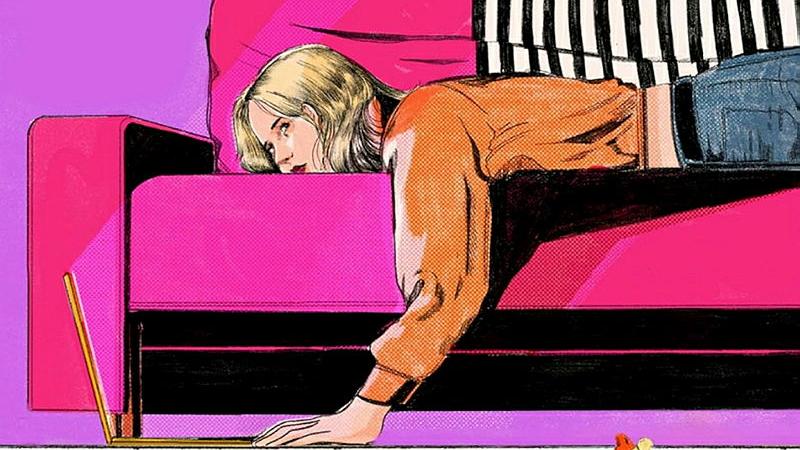 A colourful illustration shows a woman lying on her stomach on a pink couch.