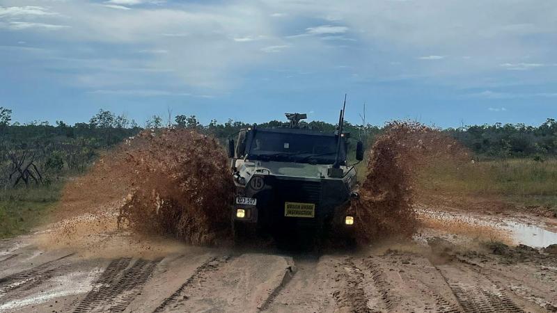 A PMV-M Bushmaster takes part in the Bushmaster Drivers' Course run by 2 Brigade at Robertson Barracks Close Training Area in Darwin.