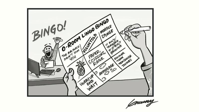A cartoon of a person calling bingo during a bingo game and a close-up of a card sheet.