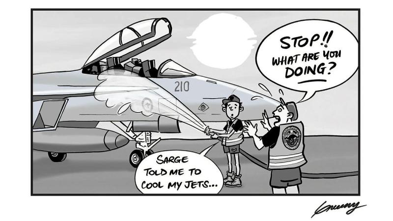 A cartoon of a man telling another man to stop using a hose to "cool" his aircraft.