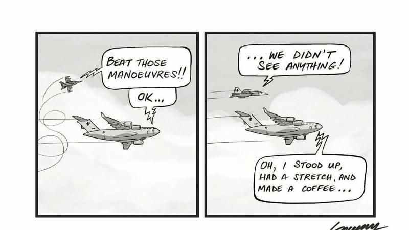 A two-slide cartoon of two aircraft in flight.