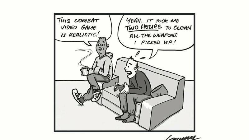 A cartoon of two men on a couch playing video games.