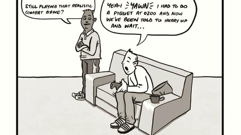 A black and white cartoon of two men, one playing a video game.