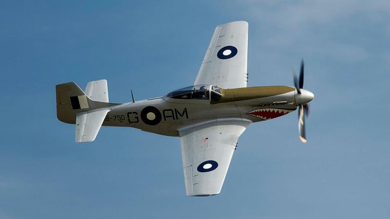 An aircraft with a shark's mouth design flies in the sky.