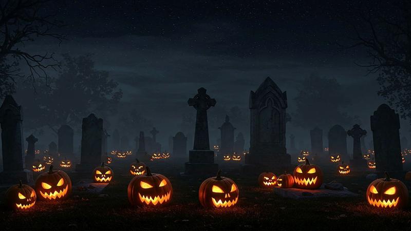 Pumpkins carved with faces are lit up in a dark graveyard.