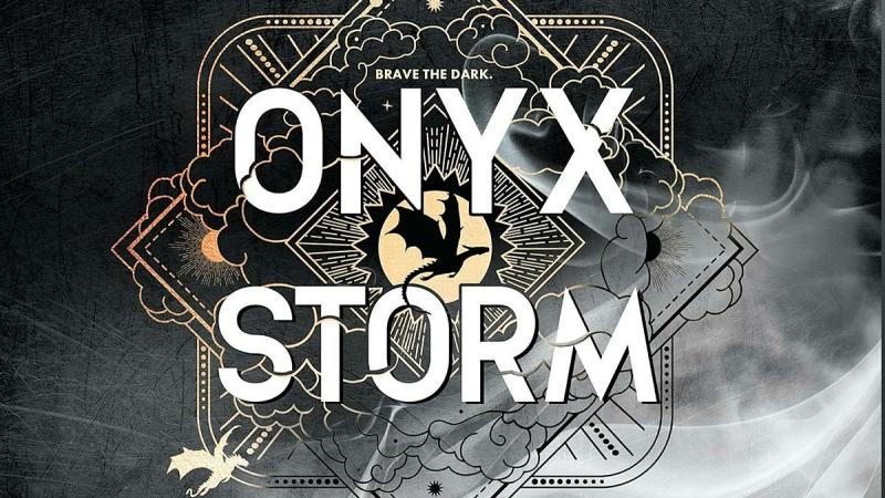 A book cover is seen with the words 'Onyx Storm' in black, white and grey with a smoky haze in front.