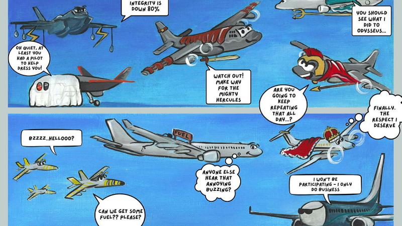 A cartoon of all Air Force aircraft wearing Halloween costumes based on their monikers