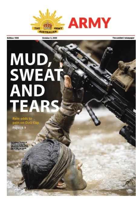 Person wearing camouflage face paint emerges from muddy water while lifting a weapon during a military endurance event. Headline: “Mud, Sweat and Tears.”