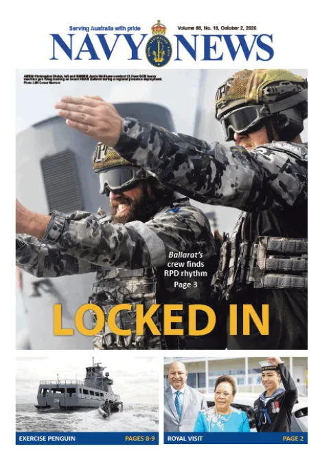 Front cover of Navy News featuring two naval personnel in camouflage uniforms and protective eyewear giving hand signals during a shipboard exercise, with the headline “LOCKED IN.”