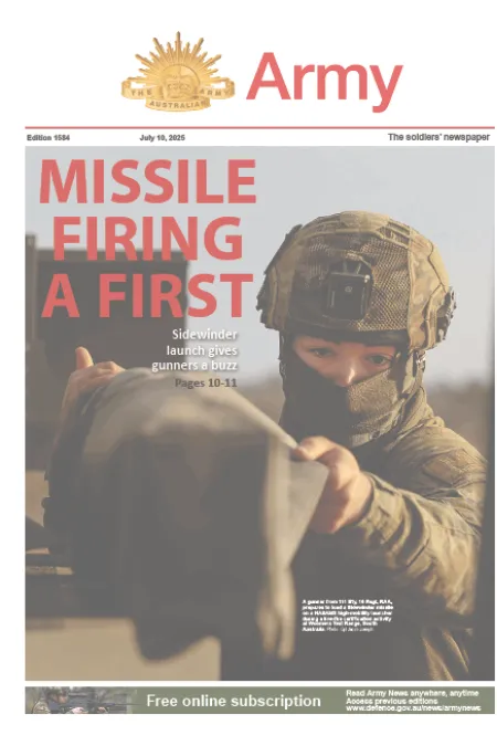 Front cover of Army newspaper showing a soldier operating a missile launcher, with the headline “MISSILE FIRING A FIRST.”