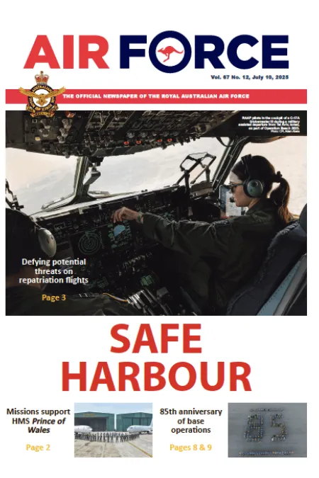 Cover of Air Force newspaper showing an aircrew member inside an aircraft cockpit, with the headline “SAFE HARBOUR.” Story highlights support missions and repatriation flights.