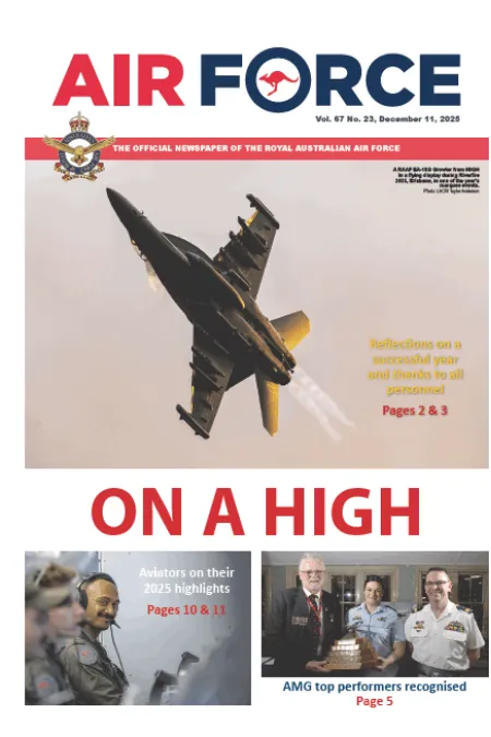 Cover of Air Force newspaper featuring a fighter jet in flight with the headline “ON A HIGH.” Highlights 2025 achievements and recognition of top performers.