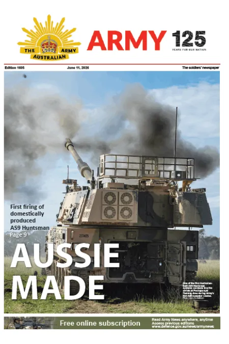 Front page of The Soldiers Newspaper featuring an AS9 Huntsman self-propelled howitzer firing during a live-fire test, with smoke billowing from the vehicle and the headline “AUSSIE MADE.”