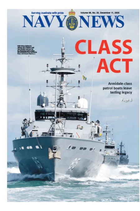 Front cover of Navy News showing three Armidale-class patrol boats underway in formation at sea, with the headline “CLASS ACT.”