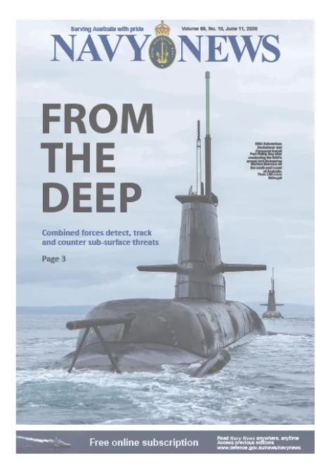 Front cover of Navy News featuring a surfaced submarine at sea, with a second submarine visible in the background and the headline “FROM THE DEEP.”