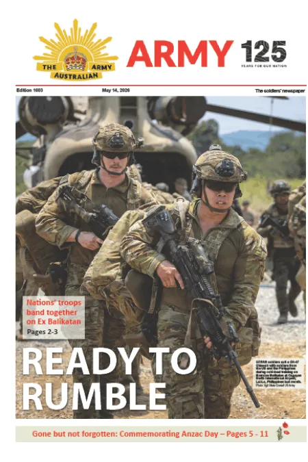 Front page of The Soldiers Newspaper showing Australian and partner-nation troops moving from a military helicopter during Exercise Balikatan, with the headline “READY TO RUMBLE.”