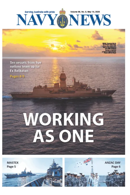 Front cover of Navy News showing a naval vessel sailing at sea during sunset, with the headline “WORKING AS ONE.”