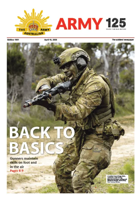 Front page of The Soldiers Newspaper showing a soldier conducting field training with a rifle in a bushland environment, under the headline “BACK TO BASICS.”