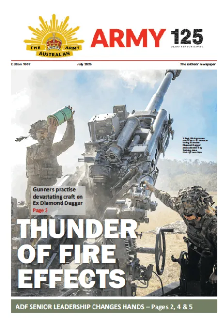 Front page of The Soldiers Newspaper featuring Australian Army 125 branding and a large artillery gun firing during Exercise Diamond Dagger, with the headline “THUNDER OF FIRE EFFECTS.”