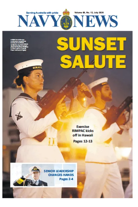 Front cover of Navy News showing sailors in ceremonial white uniforms holding rifles during a sunset salute, with the headline “SUNSET SALUTE.”