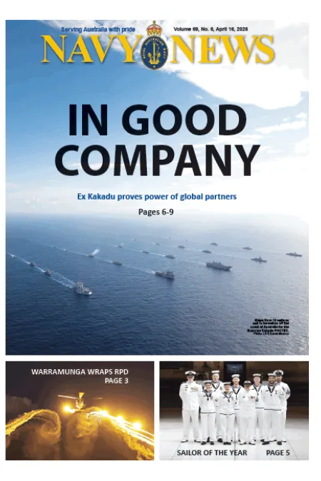 Front cover of Navy News showing a multinational formation of naval ships at sea during Exercise Kakadu, with the headline “IN GOOD COMPANY.”