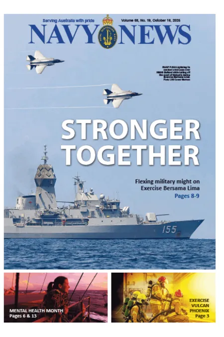 Front cover of Navy News showing a Royal Australian Navy warship at sea with two fighter aircraft flying overhead, with the headline “STRONGER TOGETHER.”