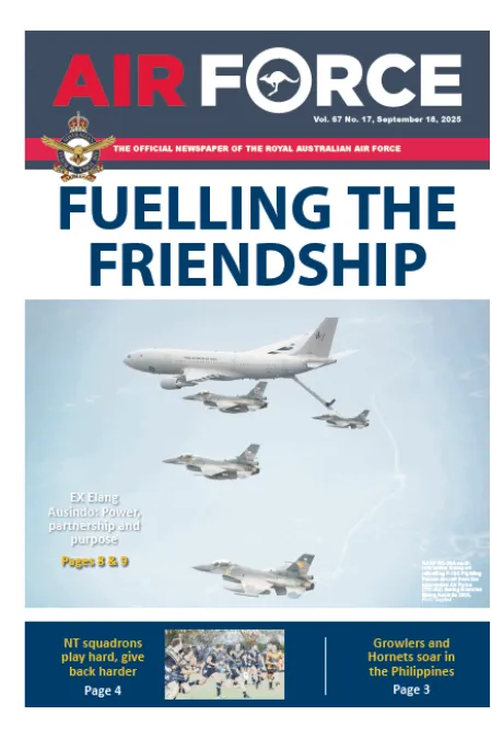 Cover of Air Force newspaper showing a military tanker aircraft flying with several fighter jets, beneath the headline “FUELLING THE FRIENDSHIP.” Story highlights international air force partnership and cooperation.