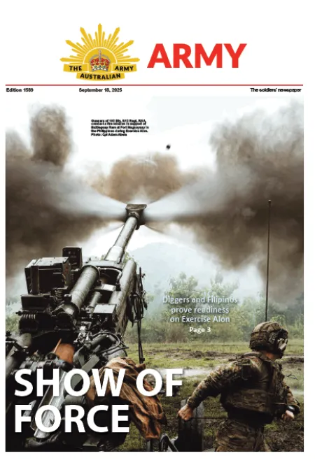 Artillery gun firing during a military exercise, with smoke billowing from the barrel and a soldier standing nearby. Headline: “Show of Force.”