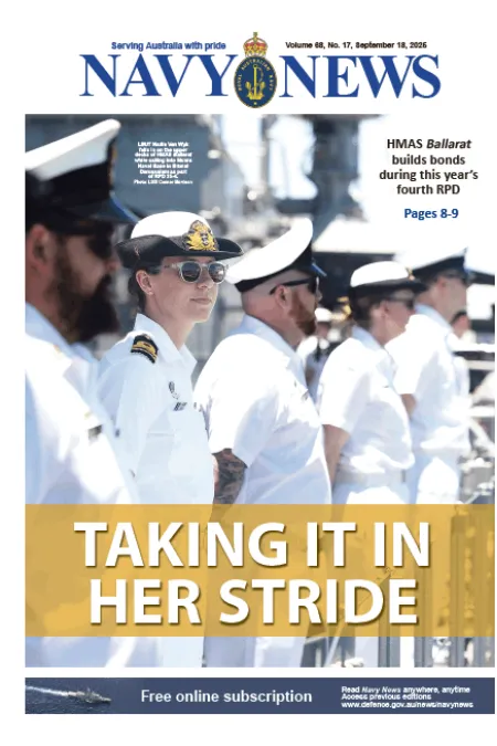 Front cover of Navy News showing naval personnel in white uniforms standing in formation on a ship’s deck, with one officer in the foreground wearing sunglasses, and the headline “TAKING IT IN HER STRIDE.”