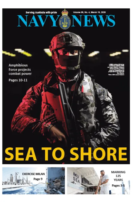 Front cover of Navy News featuring a service member in tactical gear holding a firearm under dramatic lighting, with the headline “SEA TO SHORE.”