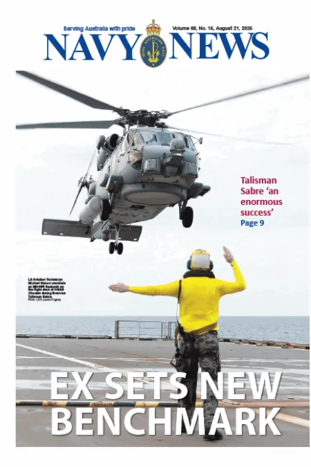 Front cover of Navy News showing a naval helicopter hovering above a ship’s flight deck while a deck crew member in a yellow jacket directs the landing, with the headline “EX SETS NEW BENCHMARK.”