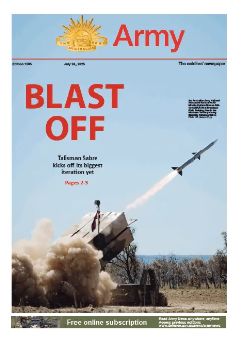 Front cover of Army newspaper showing a missile launching from a ground-based launcher during Exercise Talisman Sabre, with the headline “BLAST OFF.”