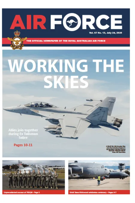 Cover of Air Force newspaper featuring a fighter jet in flight with the headline “WORKING THE SKIES.” Story highlights allies training during Exercise Talisman Sabre.