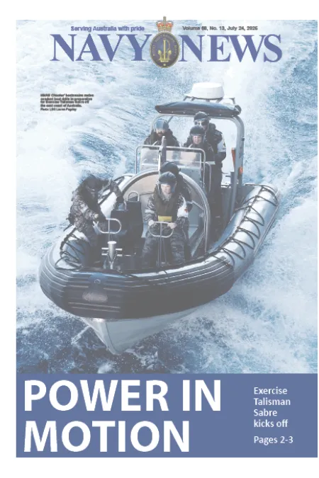 Front cover of Navy News showing naval personnel aboard a rigid-hull inflatable boat travelling at high speed through rough seas, with the headline “POWER IN MOTION.”
