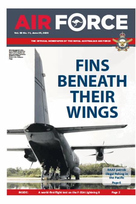 The Royal Australian Air Force crest is displayed near the masthead. A banner along the bottom highlights an inside story: “A world-first flight test on the F-35A Lightning II – Page 2.” The cover uses a dark blue, red, white, and blue color scheme.